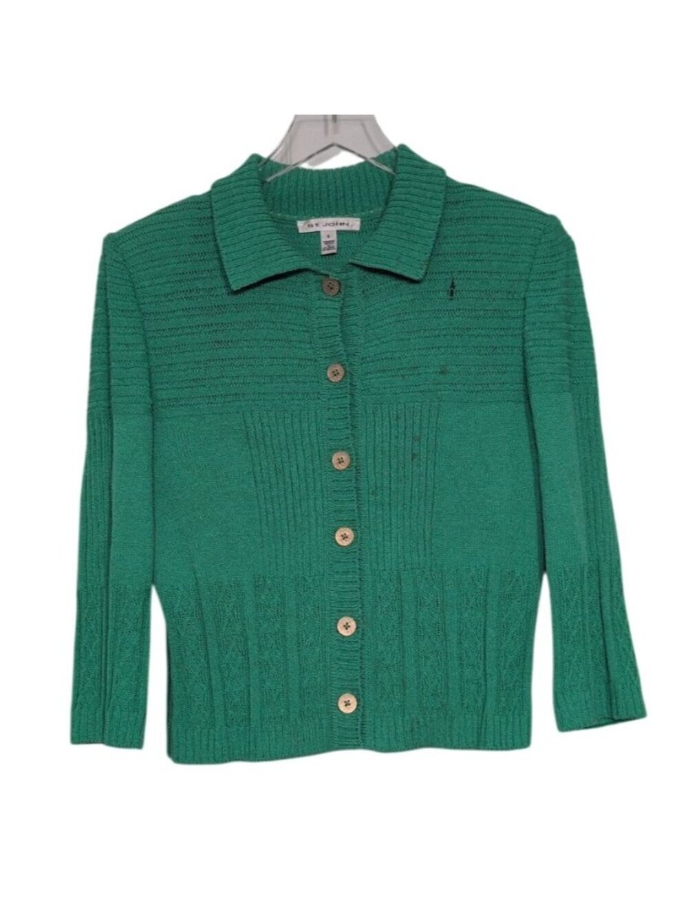 St John Santana Knit Cardigan Womens Size Small Green Wool Blend Long Sleeve